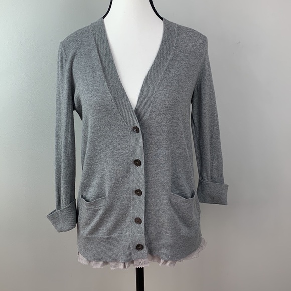 GAP Light Gray Cardigan Sweater with Frayed Ruffle Hemline Detail - Picture 2 of 9
